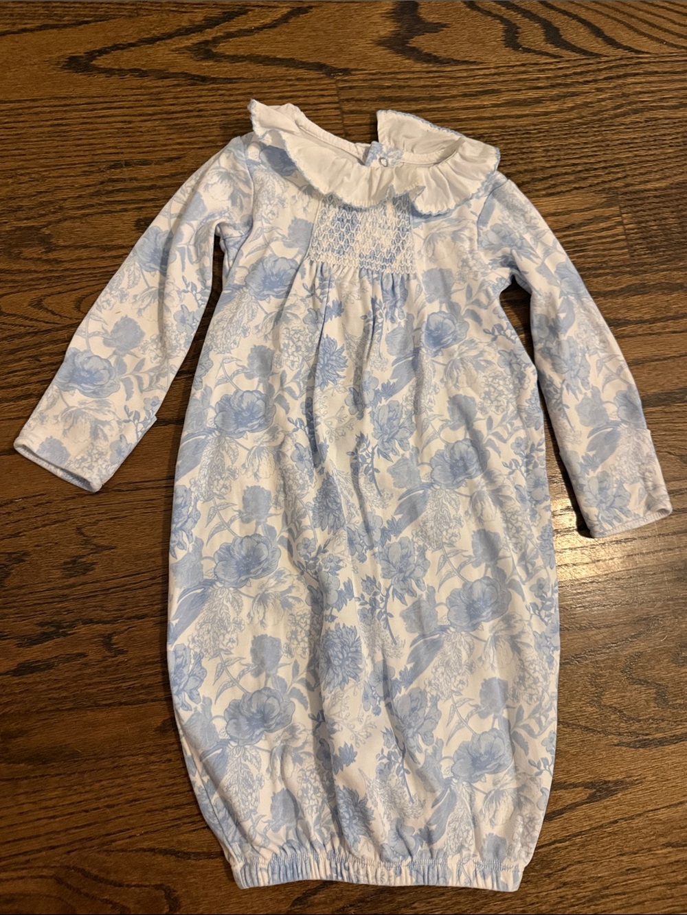 Edgehill Collection Blue and White Floral Gown with Ruffle Collar 0-6M
